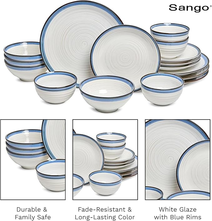 Sango Siterra Santorini 16-Piece Stoneware Dinnerware Set for 4, Ceramic White Plates and Bowls Sets with Blue Rim & Reactive Glaze, Chip Resistant Dish Set, Microwave & Dishwasher Safe Kitchen Dishes