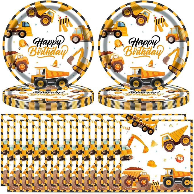 T-Antrix 40 Pcs Construction Plates And Napkins Party Supplies, Truck Birthday Decorations Disposable Paper Tableware Set for Boys Kids Construction Themed Birthday Party Serves 20