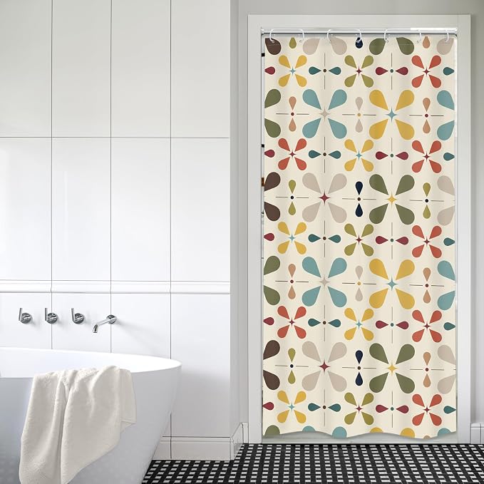 Boho Mid Century Shower Curtain Bathroom Set 36Wx71H Inches Small Stall Modern Vintage Abstract Bohemian Colourful Geometric Retro Bath Accessories Aesthetic Art Home Decor Fabric 7 Pack Hooks
