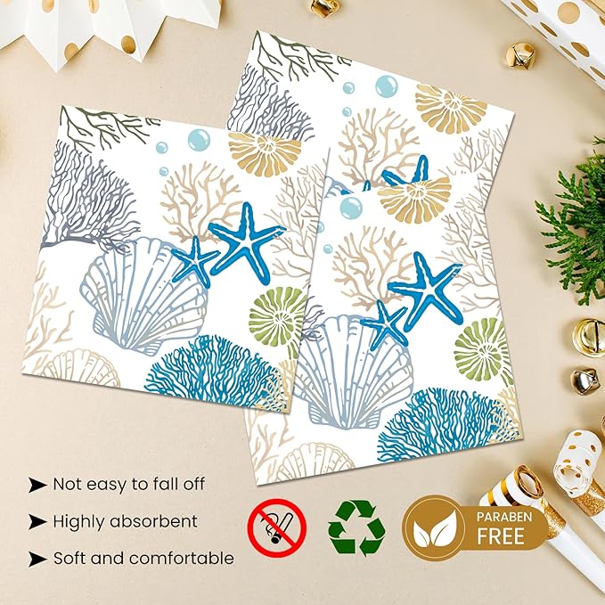 40 Pcs Ocean Seashell Plates and Napkins Party Supplies, Coastal Beach Paper Plates Napkins Starfish Coral Disposable Tableware Set for Summer Birthday Baby Shower Beach Party Decorations (Ocean)