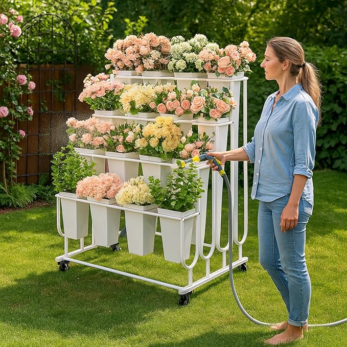 Flower Display Stand Frame, 4 -Tier Flower Cart with Wheels, Metal Floral Display Rack, Moving Florist Bouquet Shelf for Shop,Flower Bar, Events (White - 4 Tier)