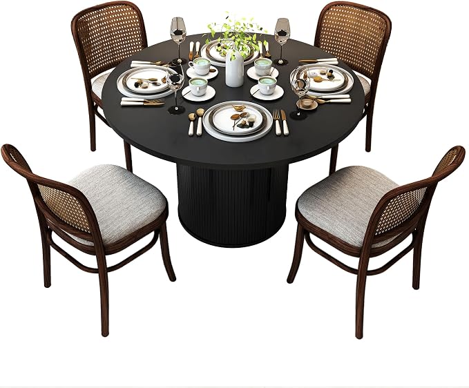 weselon 47 inch Round Dining Table for 4, Kitchen Table Dinner Table with 2-Layer Storage Shelf and Wood Slide Door for Home Dining Room Living Room (Black)