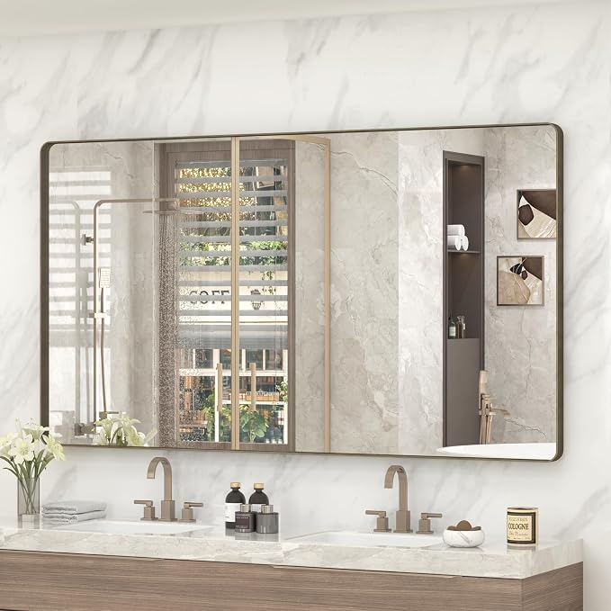 60x36 Bronze Bathroom Vanity Mirror for Wall, Large Bronze Frame Mirror with Brushed Metal Frame, Rounded Rectangle Mirror, Shatterproof, Anti-Rust (Horizontal/Vertical)