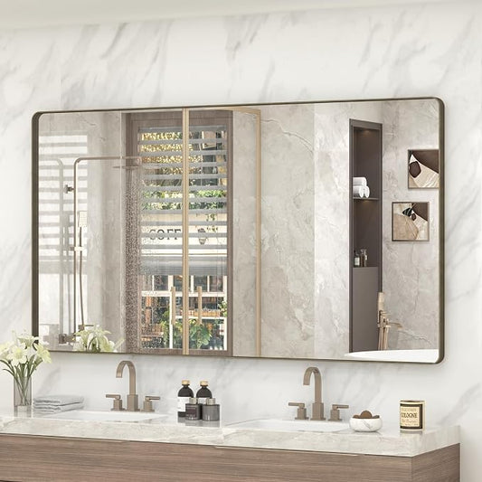 60x36 Bronze Bathroom Vanity Mirror for Wall, Large Bronze Frame Mirror with Brushed Metal Frame, Rounded Rectangle Mirror, Shatterproof, Anti-Rust (Horizontal/Vertical)