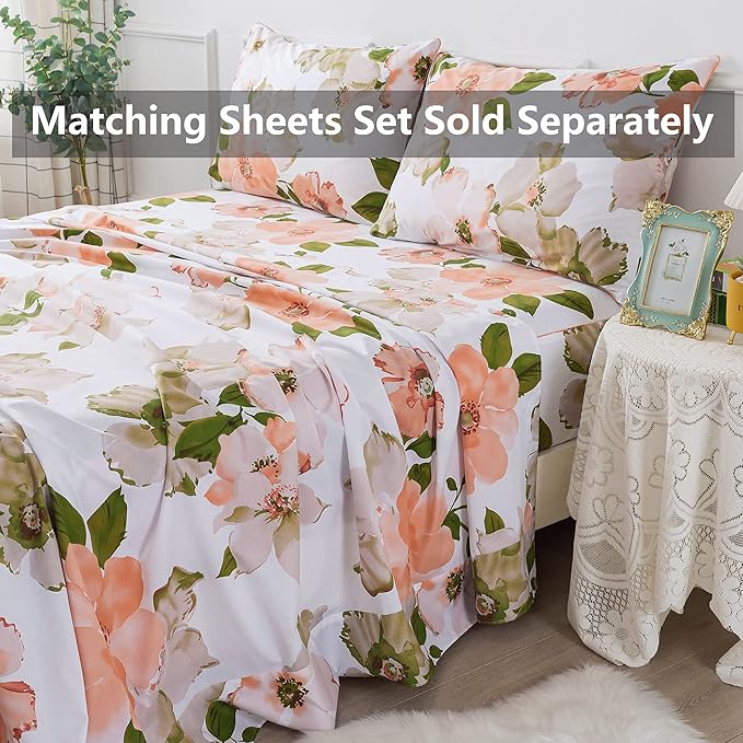 FADFAY Duvet Cover Twin XL Elegant Watercolor Floral Bedding Shabby Orange Flower Quilt Cover Vintage Farmhouse Bedding 100% Cotton Soft Comforter Cover with Hidden Zipper Closure 3Pc, Twin XL Size