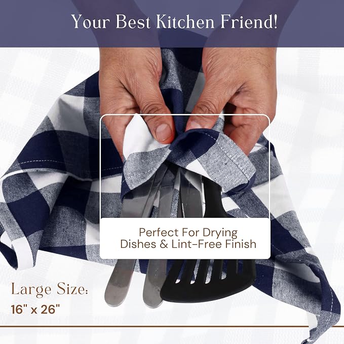 Navy Blue Buffalo Check Kitchen Towels, 4 Pack, 100% Cotton, 16x26 Inches, Soft, Absorbent, Quick Dry, Dish Cloths, Bar & Restaurant Cleaning Towels with Hanging Loop, Navy White