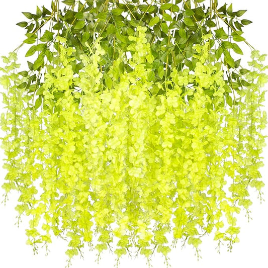 12 Pack Artificial Flowers Silk Wisteria Vine Ratta Hanging Flower (Green)