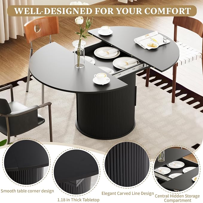 weselon 43"-59" Extendable Round to Oval Dining Table with Hidden Storage, Modern Wooden Kitchen Table with Fluted Sliding Door Cabinet, Expandable Dinner Table for Dining Room Living Room (Black)