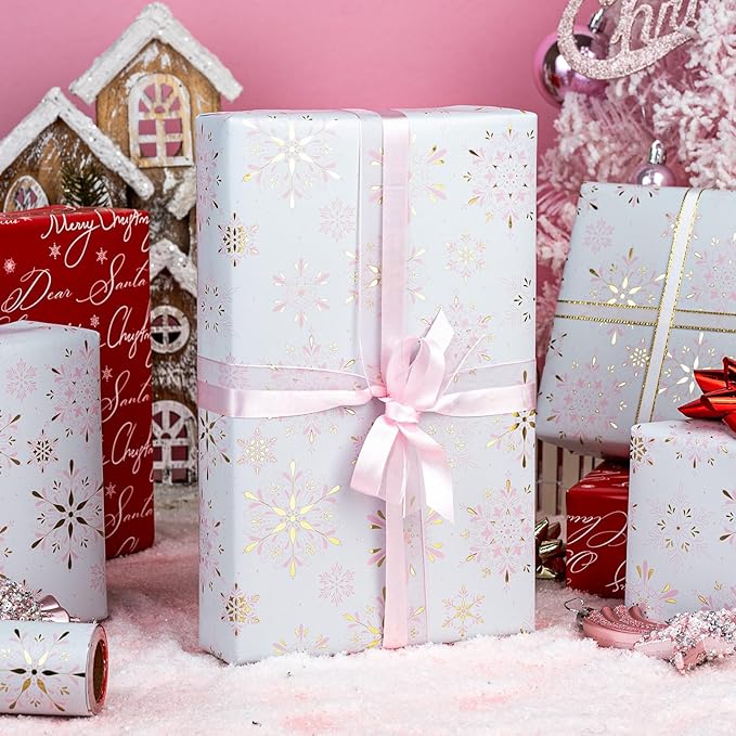 MAYPLUSS Christmas Wrapping Paper Roll - 17IN X 33FT - Christmas Gift Wrapping Paper Featuring Pink and Gold Snowflake Against White Reversible Red for Kids, Holiday, New Year