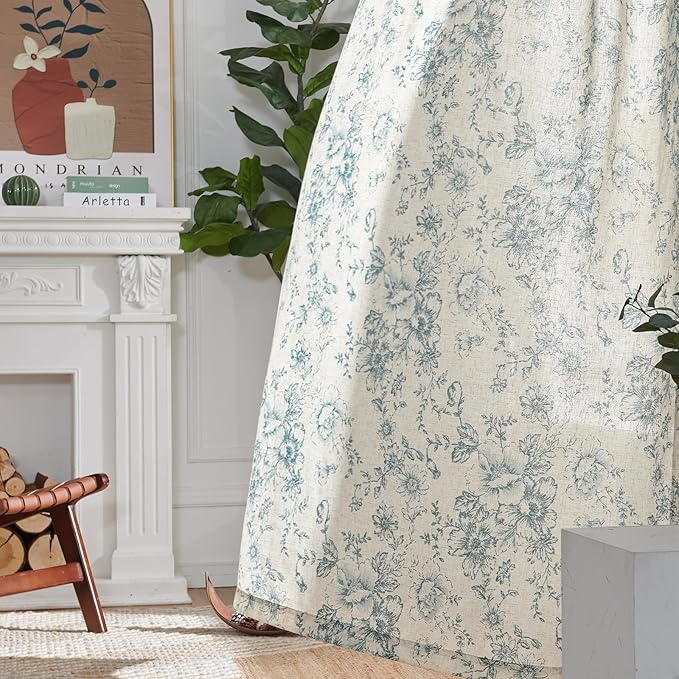 jinchan Linen Floral Curtains 100 Inch Extra Wide for Patio Sliding Glass Door Room Divider Curtain for Living Room 96 Inch Length Farmhouse Peony Blue Printed Curtain Set 1 Panel