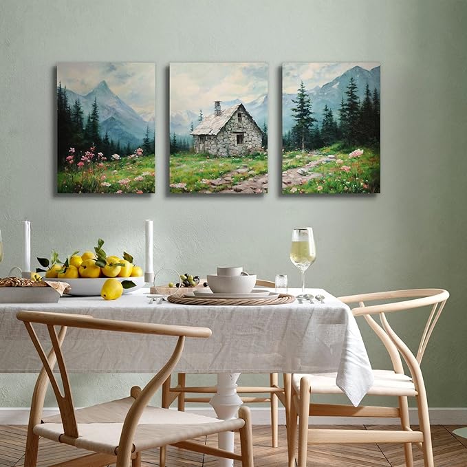SERIMINO Nature Landscape Canvas Wall Art for Living Room, Forest Mountain Canvas Prints Paintings Room Decor, Cottage Meadow Wildflower Modern Farmhouse Wall Decor Set of 3, 12"X16"
