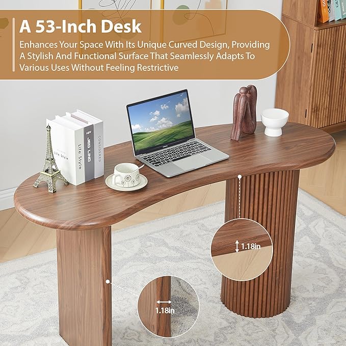 LEVNARY 54.3" Curved Small Computer Desk, Wooden Executive Desk with Sturdy Fluted Legs, Modern Luxury Corner Single Writing Vanity Desk for Bedroom Living Room Home Office (Walnut)