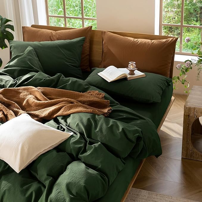 MooMee Bedding Duvet Cover Set 100% Washed Cotton Linen Like Textured Breathable Durable Soft Comfy (Solid Forest Green, Palatial King/Oversized King 120"x98")