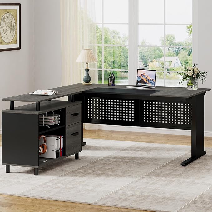 Tribesigns 63 Inch Executive Desk with File Cabinet, L Shaped Office Desk with Drawers and Storage Shelves, Business Furniture Set Workstation for Home Office, Gray and Black