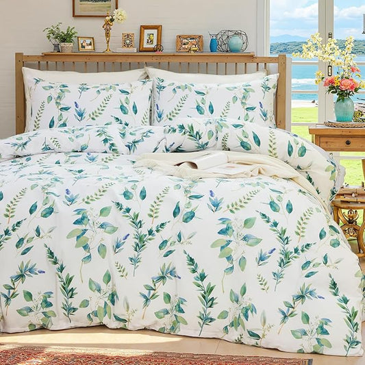 Botanical 100% Cotton Duvet Cover Queen Size - 3Pcs Mint Green Printed with Sage & Emerald Leaves on White,Reversible Lightweight and Soft Bedding Sets