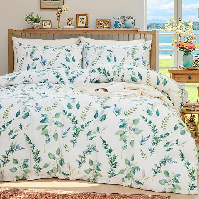 Botanical 100% Cotton Duvet Cover King Size - 3Pcs Mint Green Printed with Sage & Emerald Leaves on White,Reversible Lightweight and Soft Bedding Sets