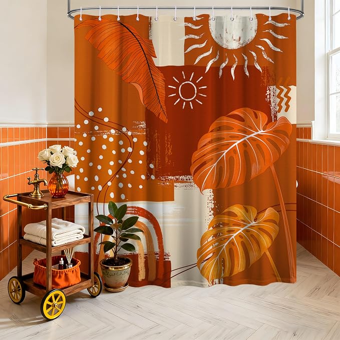 Shower Curtain, Burnt Orange, 70x72 Inch | Mid Century Modern, Bohemian Abstract Leaf, Waterproof Cloth Fabric, Includes Hooks