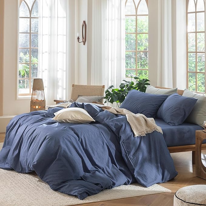 MooMee Bedding Duvet Cover Set 100% Washed Cotton Linen Like Textured Breathable Durable Soft Comfy (Heathered Blue, Oversized King Plus 128"x120")