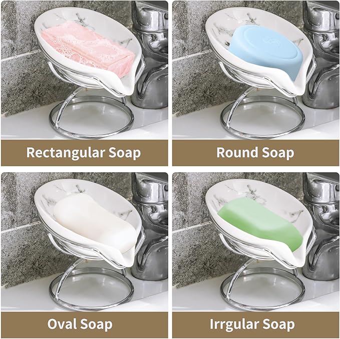 Dobbyby Leaf-Shaped Soap Dish – Ceramic Soap Bar Holder with Self-Drainage System – Bar Soap Holder for Shower, Bathroom Sink, Kitchen – Soap Dish with Stainless Steel Stand (White-Sliver-2 Pack)