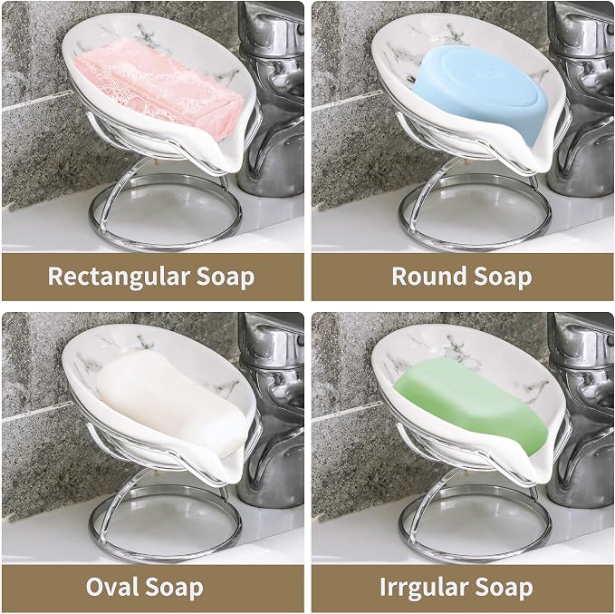 Dobbyby Leaf-Shaped Soap Dish – Premium Ceramic Soap Bar Holder with Self-Drainage System – Bar Soap Holder for Shower, Bathroom Sink, Kitchen – Waterfall Soap Dish with Stainless Steel Stand (SLIVER)