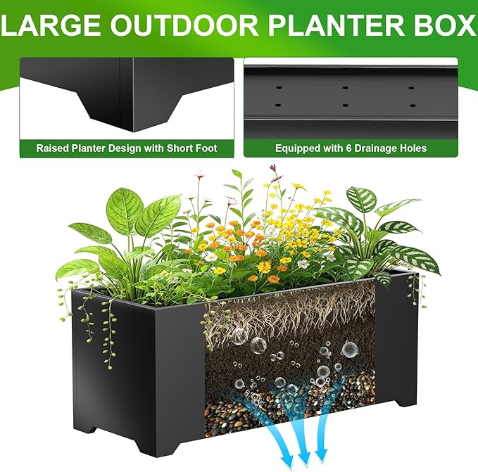 Metal Planter Box 36" L x 15" W x 15" H, Rectangular Trough Planter Box with 6 Drainage Holes & Raised Bottom, All-Weather Garden Planter Box for Outdoor Patio/Porch, Lawn, Black