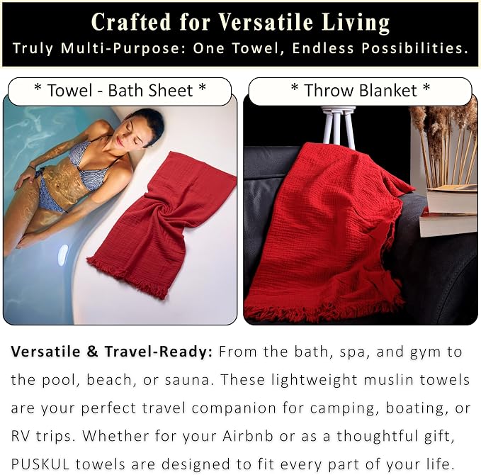 PÜSKÜL - Premium 2-Piece Oversized Muslin Bath Towel for Adult 35x70 Extra Large Bath Sheets | Natural 100% Turkish Cotton Soft Absorbent Quick-Dry Lightweight Spa & Beach Towels (Pack of 2, Red)