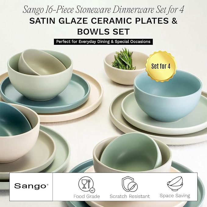 Sango 16-Piece Stoneware Dinnerware Set for 4, Satin Glazed Plates and Bowls Sets with Matte Finish, Ceramic Dish Set, Durable Kitchen Dishes, Microwave & Dishwasher Safe Dining, Rollo Artist's Blend