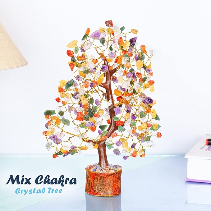 YATHABI Chakra Tree Sculpture - Mix Chakra Golden Wire Crystal Bonsai Tree - Positive Energy, Meditation Decor, Spiritual Gift