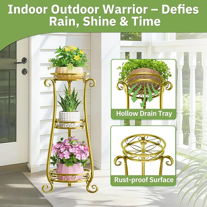 KMOTASUO 3 Tier Metal Plant Stand for Multiple Large Planters Indoor Outdoor Organizer, Heavy Duty Tall Flower Rack for Corner Patio Bathroom Office Corner, Modern Sturdy Vertical Iron Rack, Gold