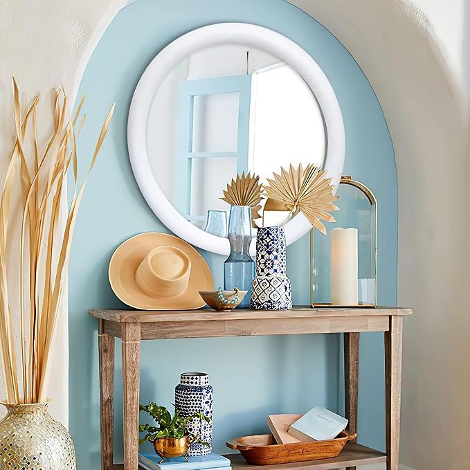 Wall Mirror,Solid Wood Frame Vanity Mirror, Farmhouse Decorative Wall Mirror for Bathroom, Bedroom, Living Room & Entryway, Vertical/Horizontal Hanging, 18x18" RND White Antique ,Wood & Glass