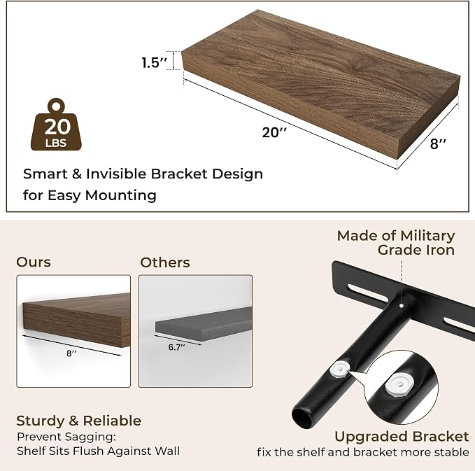 RICHFOCUS 20Inch Floating Shelves for Wall 2 Pack Shelves for Bedroom|Kitchen|Bathroom|Laundry Room Rustic Wood Wall Mounted Shelf with Invisible Brackets for Books|Storage|Decor, Walnut