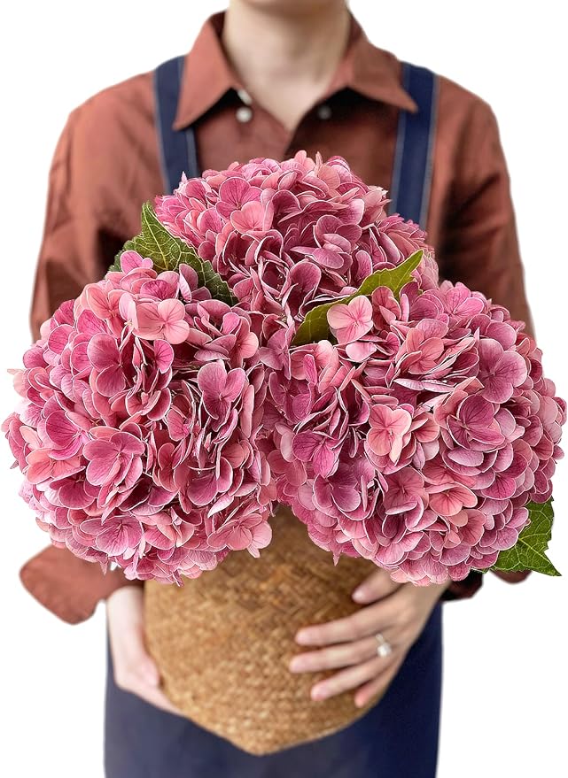 Magenta Pink Hydrangea Artificial Flowers, 3Pcs 21” Real Touch Latex Large Royal Faux Silk Flowers, Full Fake Artificial Hydrangeas with Stems for Bouquet Table Centerpieces Home