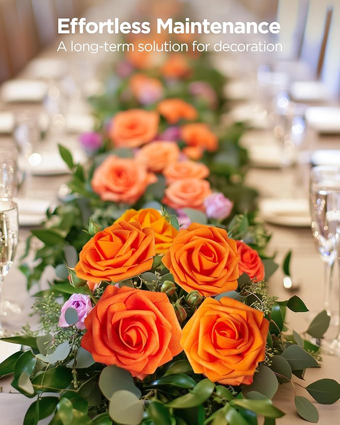 InnoGear Artificial Flowers, 100 Pcs Shades of Orange Rose Foam Fake Roses Bulk with Stems for Autumn Fall Decoration DIY Wedding Bouquets Centerpieces Bridal Shower Party Christmas Tree
