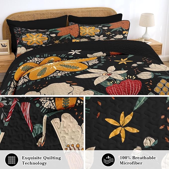 Quilt Set Full/Queen Size, Black Tropical Floral 3 Pcs Soft Bed Cover Bedding Set, Farmhouse Botanical Lightweight Bedspread Coverlet with 2 Pillow Sham for All Season