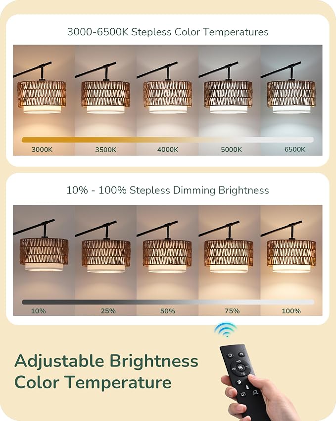 EDISHINE Rattan Floor Lamp with Dimmable Bulb, 5 Color Temperatures, Adjustable Farmhouse Standing Lamp with Remote, Black Floor Lamps for Living Room, Office, Bedroom