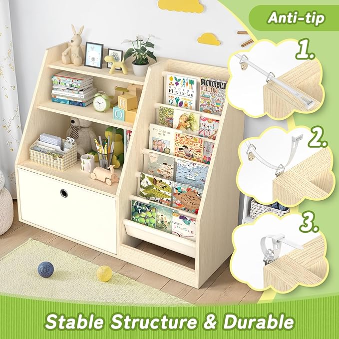 TOETOL Kids Bookshelf & Book Storage，6 Sling Wooden Toddler Book Shelf，3-Tier Wooden Open Bookcase & Storage Organizer Boxes for Nursery, Playroom, Bedroom