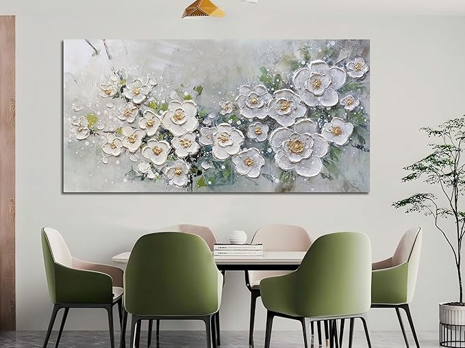 Brushart White Flower Wall Art Textured Floral Canvas Art Wall Decor Living Room Large Picture Wall Art Paintings Artwork for Walls Bedroom Home Office, 58"x29"