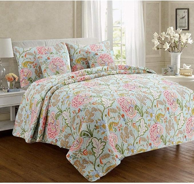 Cozy Line Home Fashions Blooming Red White Floral 100% Cotton Reversible Quilt Bedding Set, Coverlet Bedspread (Camellia Green, King - 3 Piece)