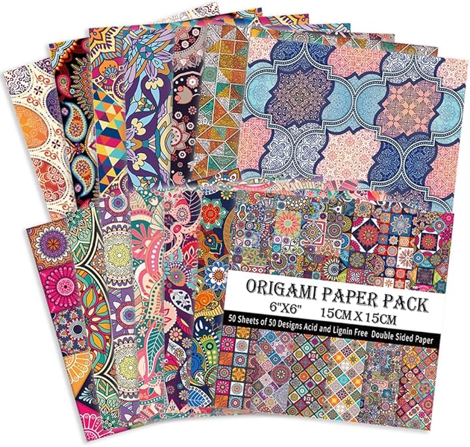 Origami Paper Kit 50 Sheets 70GSM 6 Inch Square Double Sided Color 50 Vivid Japanese Washi Chiyo Colors for Hand Crafts Origami Paper Arts Creativity.Ethnic Style