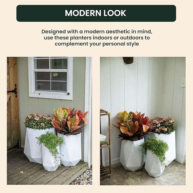 Beuta Large Planters for Outdoor Plants - Set of 3, 15.5/18/20 Inches Outdoor Planters for Porch - Tall Planter for Outdoor & Indoor Plants | Large Indoor Plant Pot- USA Made - Limewash