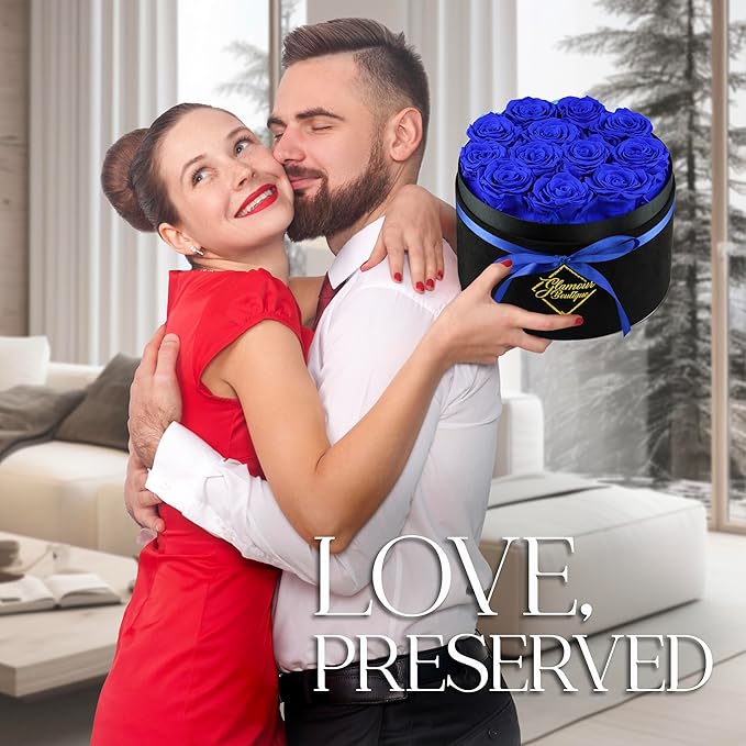 GLAMOUR BOUTIQUE Flowers Forever Gift Box 12 Real Preserved Roses in a Velvet Black Box, Birthday Gift for Wife Mom and Her, Mothers Day, Anniversary, Graduation - Blue