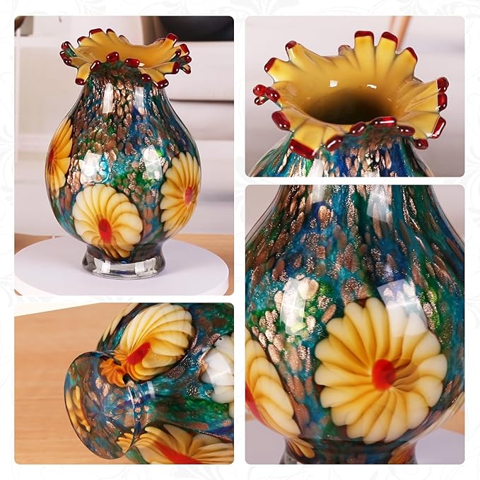 KAMMAK Colored Glass Vase, Beautiful Hand Blown Decorative Vase, Modern Art Vase for Flower Mantle Dining Table Centerpiece, Entryway Living Room Wedding Decoration, SKQ006
