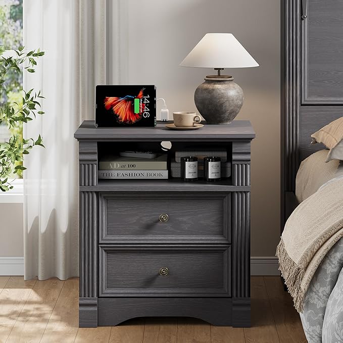 Grey Nightstand with Charging Station, Farmhouse Bedside Table, End Table with 2 Drawers and Chic Wood Pilasters Design, Wood Side Table with Metal Handles for Bedroom, Living Room