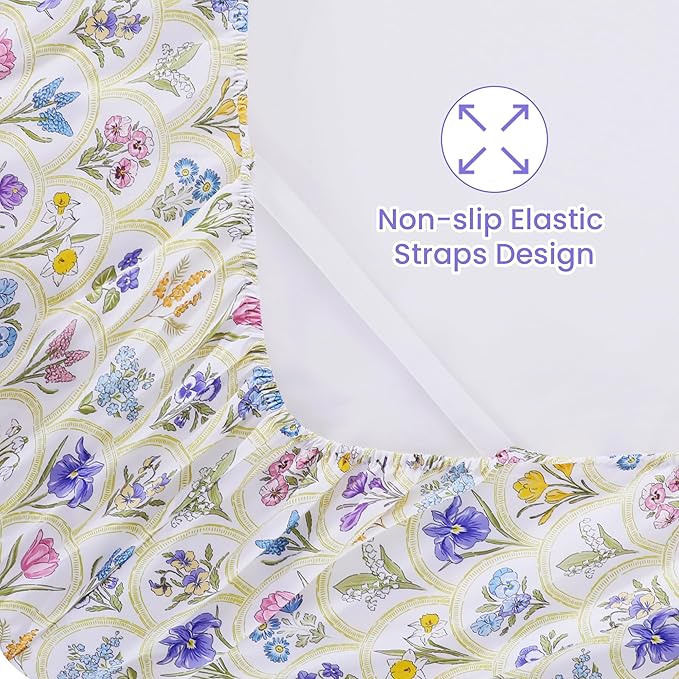 Softan Floral Full Sheet Set, 4-Piece Microfiber Printed Fitted Sheet with 15" Deep Pockets & Non-Slip Straps, Multi Flower Patterned Double Bedding Sheets & Pillowcase Set