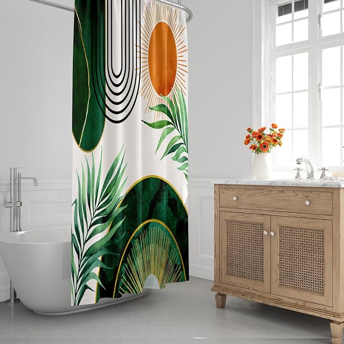 Emvency Shower Curtain Boho Leaves Minimalist Abstract Bohemian Mid Century Palm Botanical Modern Sun Green Bathroom Home Decor Waterproof Polyester Fabric 72 x 72 inches Set with Hooks