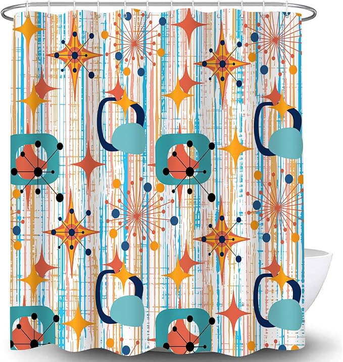 Mid Century Shower Curtain, 72x72inch, Modern Abstract Retro Colorful Striped Geometric Shower Curtain Sets 1950s Boho Bathroom Shower Curtain with 12 Hooks