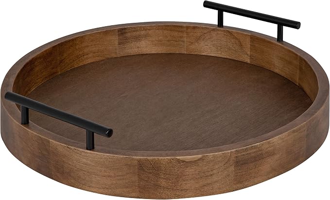 Kate and Laurel Lipton Modern Round Wood Decorative Tray, 18" Diameter, Rustic Brown and Black, Decorative Accent Tray for Storage and Display