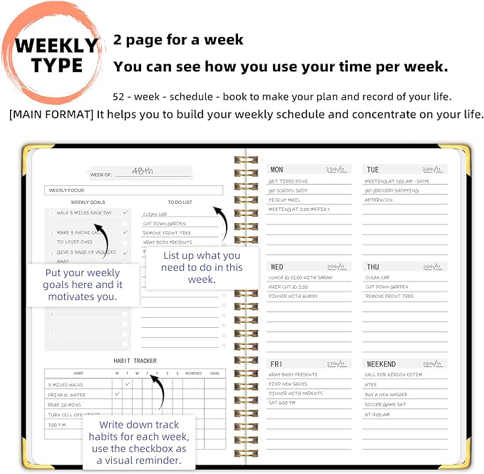 Undated Weekly Planner with Metal Corner Hardcover Notebook , A5 Size Journal with To Do List Planner, Habit Tracker,Weekly Goals for ADHD,Student, Office, Women, Men ,Gifts,6 x 8 inches，Spiral Bindding ,Black