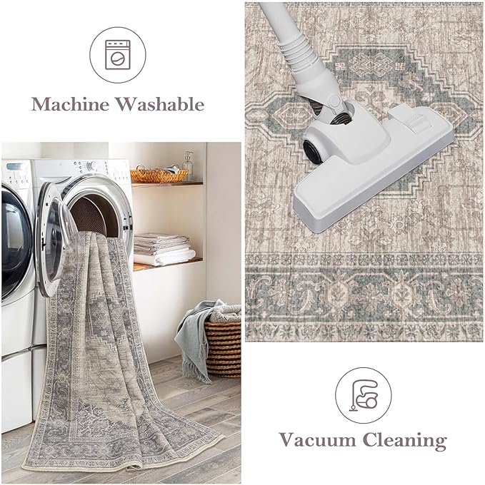 Lahome Oriental Washable Runner Rug Non Slip, 2x7 Rug Runners for Hallways Kitchen, Ultra-Thin Hallway Rugs for Laundry Room Bathroom Bedroom, Grey/Brown