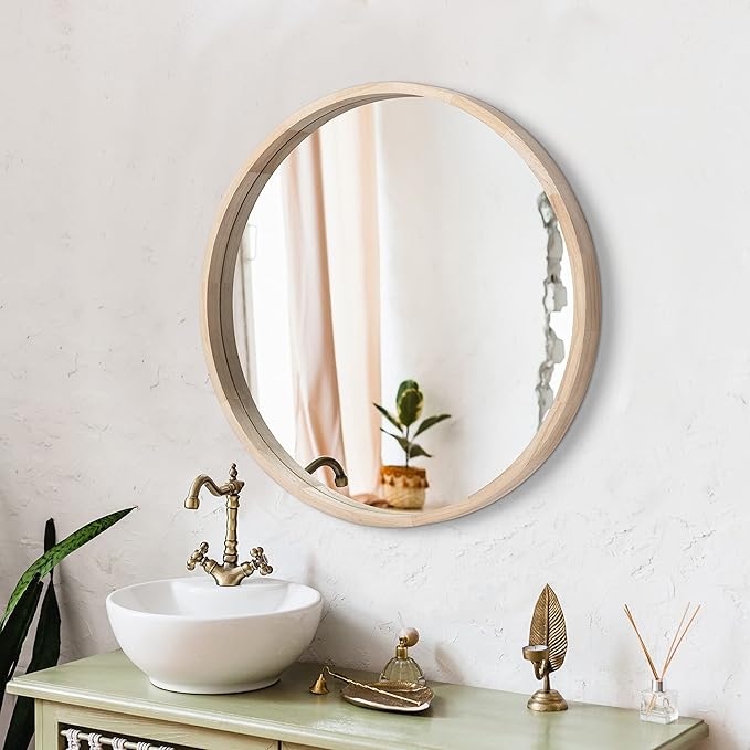 LYYYXGYP Round Wood Mirror 30 Inch for Wall Decor Farmhouse Wall Mirror Living Room Wooden Framed Circle Mirror Circular Vanity Mirror for Bathroom Bedroom